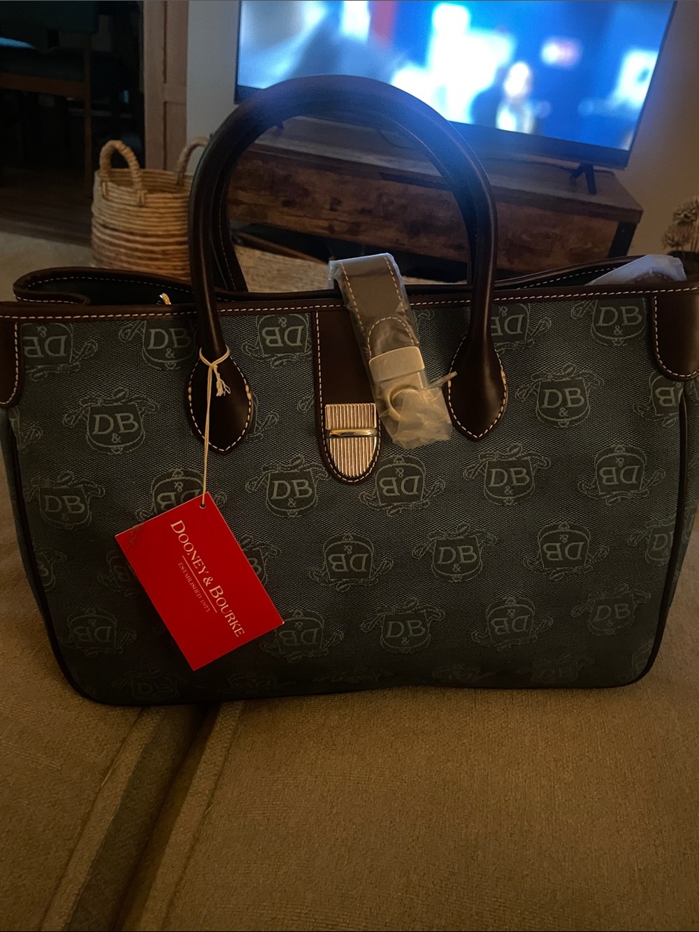 Dooney & Bourke Blue Monogram Tote with Brown Trim